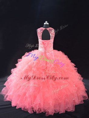 Vintage Watermelon Red Quinceanera Dress Sweet 16 and Quinceanera with Beading and Ruffles Scoop Sleeveless Lace Up
