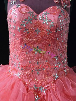 Vintage Watermelon Red Quinceanera Dress Sweet 16 and Quinceanera with Beading and Ruffles Scoop Sleeveless Lace Up