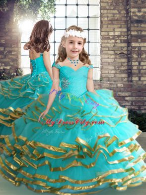 Exquisite Sleeveless Lace Up Floor Length Beading and Ruching Little Girls Pageant Dress