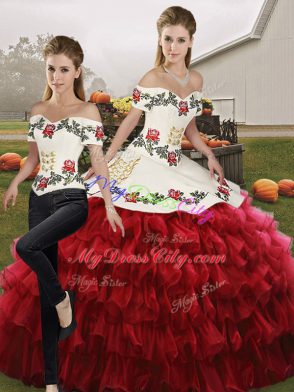 Wine Red Two Pieces Embroidery and Ruffled Layers Sweet 16 Dresses Lace Up Organza Sleeveless Floor Length