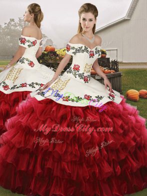 Wine Red Two Pieces Embroidery and Ruffled Layers Sweet 16 Dresses Lace Up Organza Sleeveless Floor Length