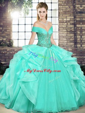 Inexpensive Apple Green Sleeveless Organza Lace Up Quinceanera Gowns for Military Ball and Sweet 16 and Quinceanera