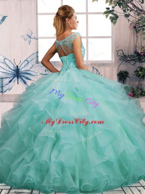 Super Sleeveless Floor Length Beading and Ruffles Lace Up Sweet 16 Quinceanera Dress with Pink