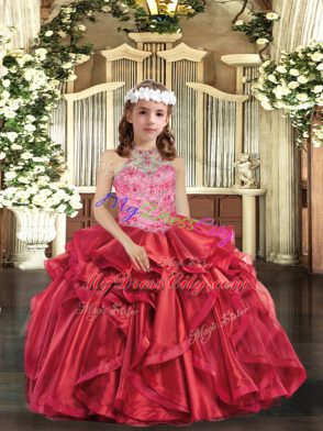 Sweet Organza Halter Top Sleeveless Lace Up Beading and Ruffles Custom Made Pageant Dress in Red