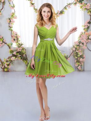 Dazzling Olive Green Chiffon Zipper Off The Shoulder Sleeveless Mini Length Quinceanera Court of Honor Dress Belt