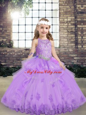 Fashion Tulle Scoop Sleeveless Lace Up Lace and Appliques Kids Formal Wear in Lavender