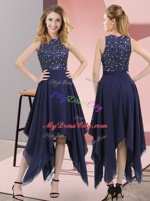 Beading and Sequins Prom Gown Navy Blue Zipper Sleeveless Asymmetrical