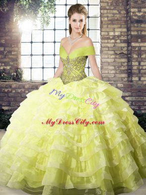 Flirting Organza Sleeveless Sweet 16 Quinceanera Dress Brush Train and Beading and Ruffled Layers