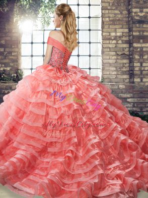 Flirting Organza Sleeveless Sweet 16 Quinceanera Dress Brush Train and Beading and Ruffled Layers