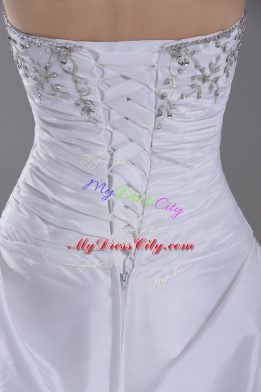 Best Selling White Ball Gowns Taffeta Strapless Sleeveless Beading and Pick Ups Lace Up Wedding Gowns Brush Train