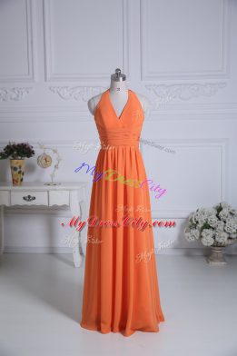 New Arrival Orange Empire Chiffon Halter Top Sleeveless Ruching Floor Length Zipper Bridesmaid Dresses