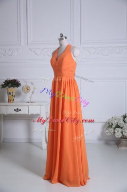 New Arrival Orange Empire Chiffon Halter Top Sleeveless Ruching Floor Length Zipper Bridesmaid Dresses