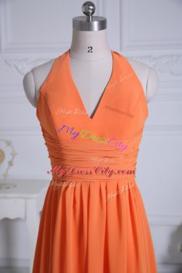 New Arrival Orange Empire Chiffon Halter Top Sleeveless Ruching Floor Length Zipper Bridesmaid Dresses