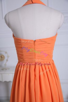 New Arrival Orange Empire Chiffon Halter Top Sleeveless Ruching Floor Length Zipper Bridesmaid Dresses