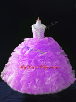 Modern Lilac Straps Neckline Beading and Ruffles and Pick Ups Pageant Dress for Teens Sleeveless Zipper