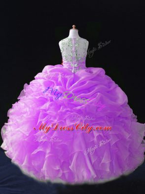 Modern Lilac Straps Neckline Beading and Ruffles and Pick Ups Pageant Dress for Teens Sleeveless Zipper