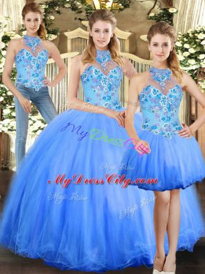 Blue Halter Top Neckline Embroidery Sweet 16 Dress Sleeveless Lace Up