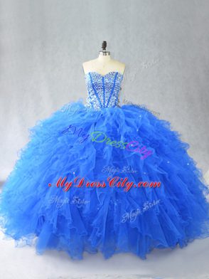 Stunning Sweetheart Sleeveless Quinceanera Dress Floor Length Beading and Ruffles Blue Tulle