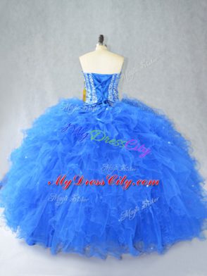 Stunning Sweetheart Sleeveless Quinceanera Dress Floor Length Beading and Ruffles Blue Tulle