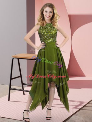 Fashionable High-neck Sleeveless Zipper Prom Evening Gown Olive Green Chiffon