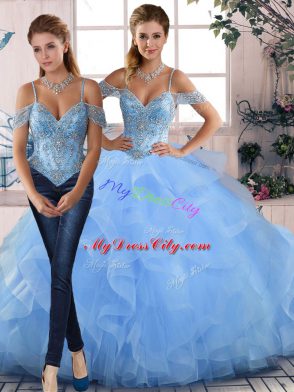 Fitting Blue Sleeveless Beading and Ruffles Floor Length Sweet 16 Dress