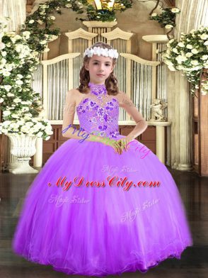 Nice Lavender Halter Top Lace Up Appliques Kids Formal Wear Sleeveless