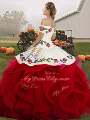 Glorious Sleeveless Lace Up Floor Length Embroidery and Ruffles 15th Birthday Dress