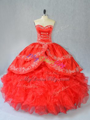 Admirable Red Ball Gowns Embroidery and Ruffles Vestidos de Quinceanera Side Zipper Organza Sleeveless Floor Length