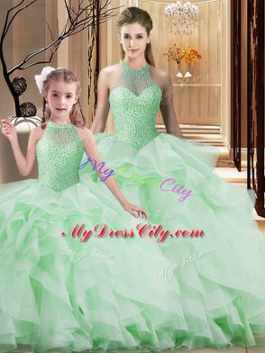Apple Green Lace Up Halter Top Beading and Ruffles Quinceanera Gown Organza Sleeveless Brush Train