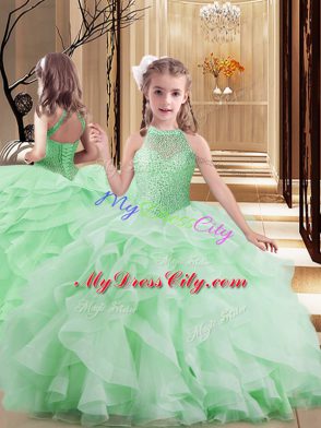 Apple Green Lace Up Halter Top Beading and Ruffles Quinceanera Gown Organza Sleeveless Brush Train