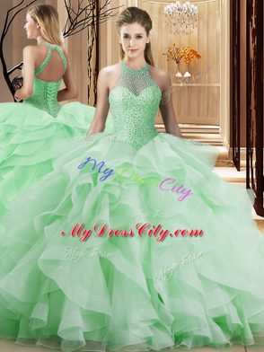 Apple Green Lace Up Halter Top Beading and Ruffles Quinceanera Gown Organza Sleeveless Brush Train