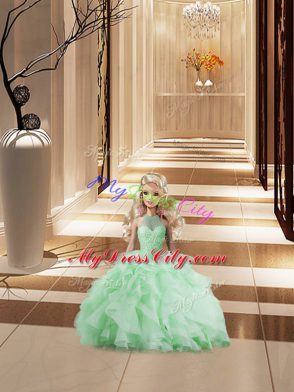 Apple Green Lace Up Halter Top Beading and Ruffles Quinceanera Gown Organza Sleeveless Brush Train