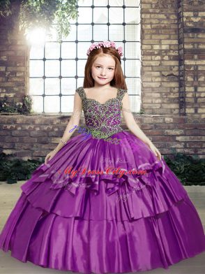 New Arrival Sleeveless Taffeta Floor Length Lace Up Little Girl Pageant Dress in Purple with Beading