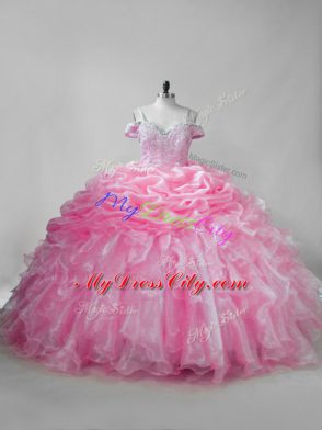 Pink Lace Up Sweet 16 Dresses Beading and Ruffles and Pick Ups Sleeveless Brush Train