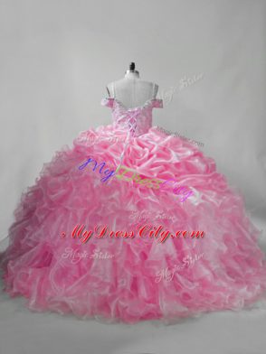 Pink Lace Up Sweet 16 Dresses Beading and Ruffles and Pick Ups Sleeveless Brush Train