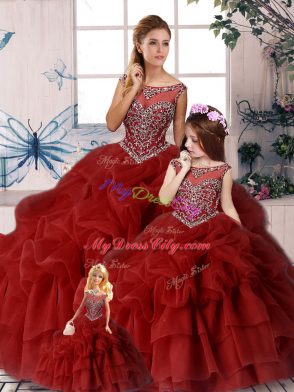 Wine Red Organza Zipper Vestidos de Quinceanera Sleeveless Brush Train Beading and Pick Ups