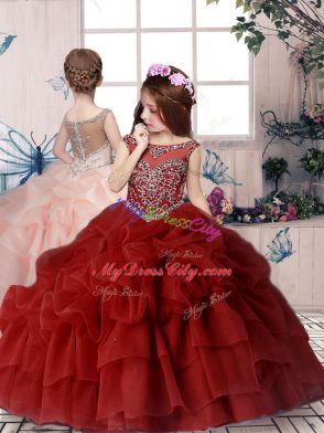 Wine Red Organza Zipper Vestidos de Quinceanera Sleeveless Brush Train Beading and Pick Ups