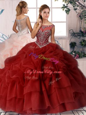 Wine Red Organza Zipper Vestidos de Quinceanera Sleeveless Brush Train Beading and Pick Ups