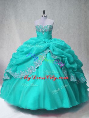 Pretty Aqua Blue Ball Gowns Sweetheart Sleeveless Organza Floor Length Lace Up Beading and Appliques Quinceanera Dresses