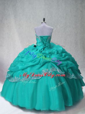 Pretty Aqua Blue Ball Gowns Sweetheart Sleeveless Organza Floor Length Lace Up Beading and Appliques Quinceanera Dresses