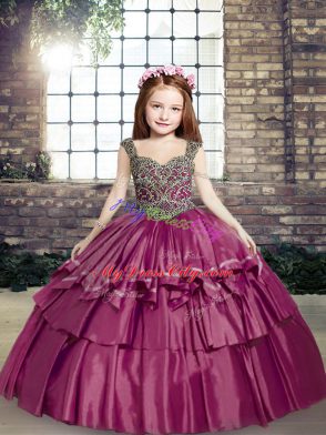Floor Length Fuchsia Pageant Dress for Teens Straps Sleeveless Lace Up