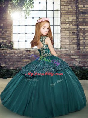 Sleeveless Floor Length Beading and Appliques Lace Up Girls Pageant Dresses with Purple