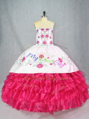 Sweetheart Sleeveless Quinceanera Gown Embroidery and Ruffled Layers Hot Pink Satin and Organza