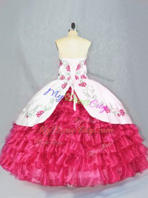 Sweetheart Sleeveless Quinceanera Gown Embroidery and Ruffled Layers Hot Pink Satin and Organza