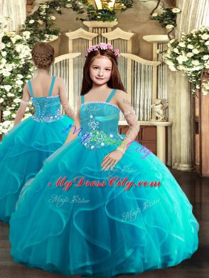 Baby Blue Straps Neckline Beading and Ruffles Girls Pageant Dresses Sleeveless Lace Up