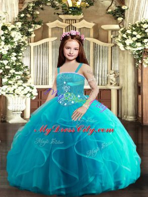 Baby Blue Straps Neckline Beading and Ruffles Girls Pageant Dresses Sleeveless Lace Up