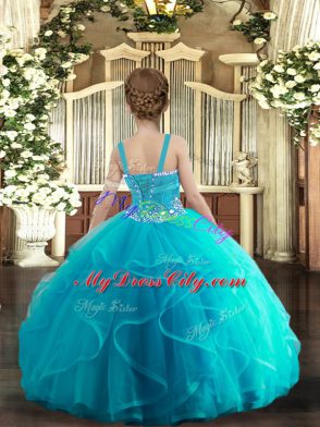 Baby Blue Straps Neckline Beading and Ruffles Girls Pageant Dresses Sleeveless Lace Up
