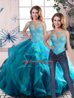 Flare Tulle Scoop Sleeveless Lace Up Beading and Ruffles 15 Quinceanera Dress in Aqua Blue