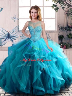 Flare Tulle Scoop Sleeveless Lace Up Beading and Ruffles 15 Quinceanera Dress in Aqua Blue