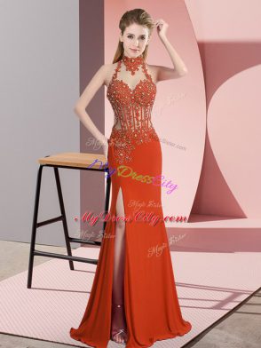 Floor Length Backless Cocktail Dresses Orange Red for Prom and Party and Military Ball with Lace and Appliques